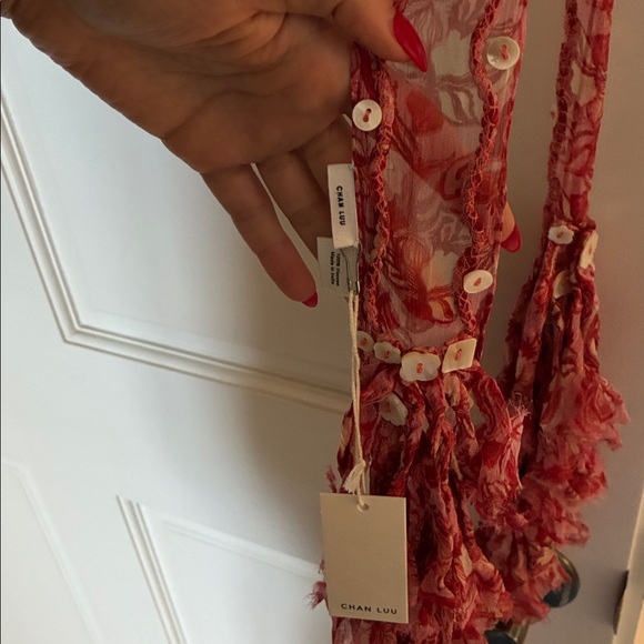 NWT Chan Luu Fringe Skinny Pink Floral Beaded Button Scarf - Picture 7 of 7